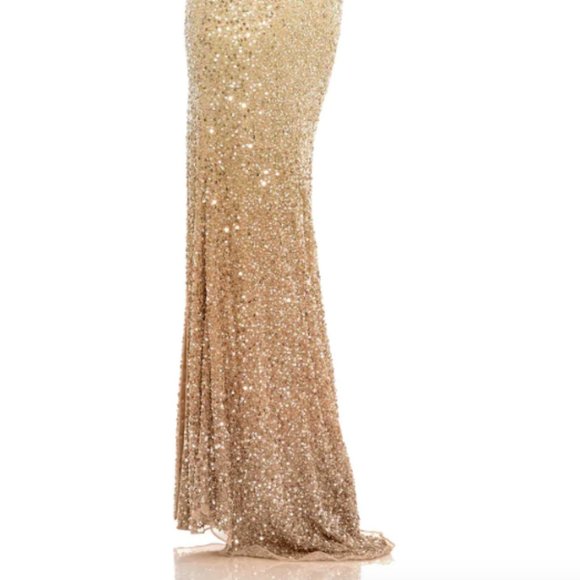 MAC DUGGAL 1068 OMBRE SEQUIN HIGH SLIT SHIMMERING GOLD GOWN sz 8 - Picture 4 of 5